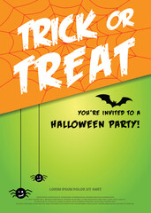 Happy halloween Trick or treat with spider web and spider and bat on green background, vector illustration
