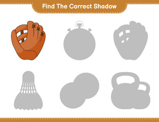 Find the correct shadow. Find and match the correct shadow of Baseball Glove. Educational children game, printable worksheet, vector illustration