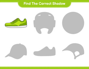 Find the correct shadow. Find and match the correct shadow of Sneaker. Educational children game, printable worksheet, vector illustration