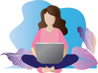 woman flat design using computer and leaves background
