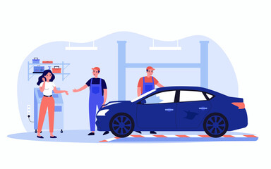 Female driver and broken car at auto service. Woman talking to mechanic, worker examining damaged vehicle flat vector illustration. Car repair concept for banner, website design or landing web page