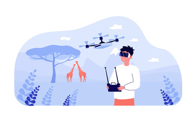 Man in virtual reality glasses flying drone outdoors. Male character using modern technology in savanna flat vector illustration. VR, traveling concept for banner, website design or landing web page