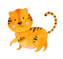 A cute, orange tiger walks and smiles. Children's illustration of New Year's tiger cubs, symbol of 2022.