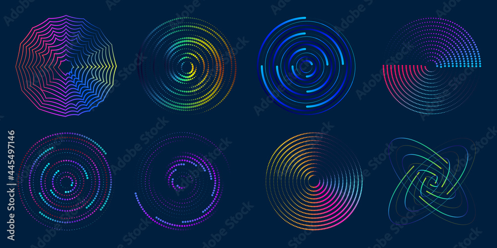 Wall mural wave vector circular element with abstract colorful line sets on dark background use for banner, pos