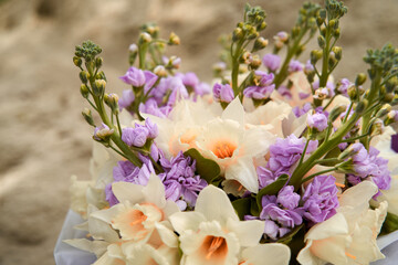 Obraz na płótnie Canvas bouquet of yellow daffodils and purple flowers