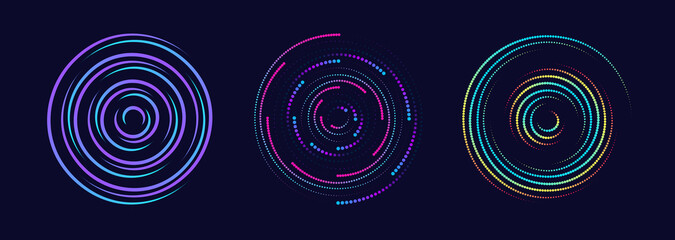 Wave vector circular element with abstract colorful line sets on dark background use for banner, poster, website. Curve flow motion illustration. 