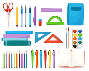 Cartoon set of stationery items. Vector illustration of tools for school. Collection Office items. Pens, pencils, rulers, books. Back to school.
