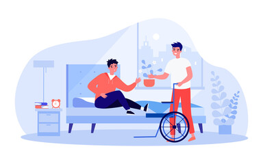Friend or assistant helping man get on wheelchair from bed. Disabled person in bedroom flat vector illustration. Assistance, disability, friendship concept for banner, website design or landing page