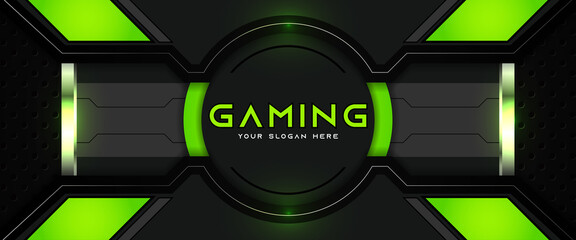 Futuristic green and black abstract gaming banner design with metal technology concept. Vector illustration for business corporate promotion, game header social media, live streaming background