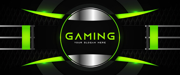 Futuristic green and black abstract gaming banner design with metal technology concept. Vector illustration for business corporate promotion, game header social media, live streaming background