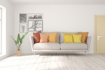 White living room with sofa. Scandinavian interior design. 3D illustration