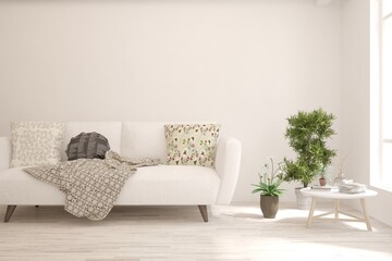 White living room with sofa. Scandinavian interior design. 3D illustration