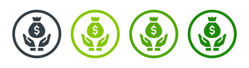 Hand holding dollar money bag, symbol of savings, earnings, investment and profit. Vector icon illustration.