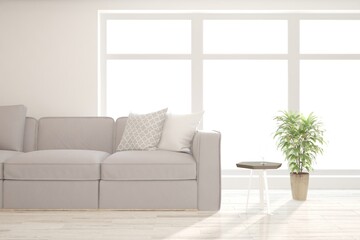 Soft color living room with sofa. Scandinavian interior design. 3D illustration
