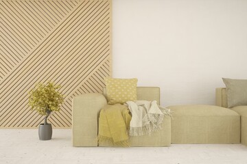 White living room with yellow sofa. Scandinavian interior design. 3D illustration