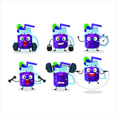 Fototapeta premium A healthy grapes smoothie cartoon style trying some tools on Fitness center. Vector illustration