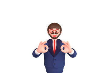 Happy cartoon character stands and shows OK sign. 3d render illustration on white background