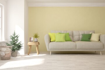 White living room with sofa. Scandinavian interior design. 3D illustration