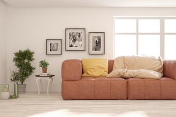 White living room with orange sofa. Scandinavian interior design. 3D illustration