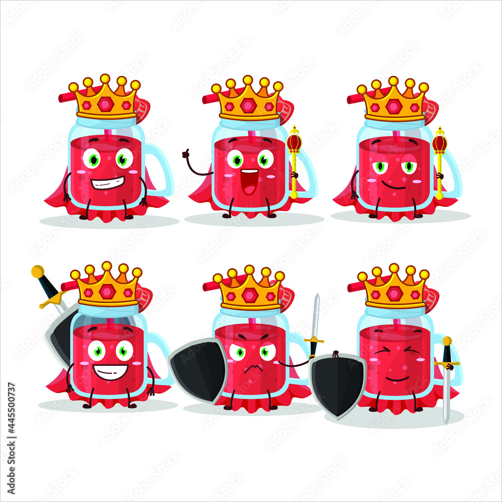 Poster a charismatic king strawberry smoothie cartoon character wearing a gold crown. vector illustration