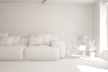 Mock up of stylish room in white color with sofa. Scandinavian interior design. 3D illustration