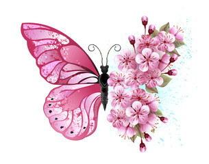 Flower butterfly with pink sakura - obrazy, fototapety, plakaty