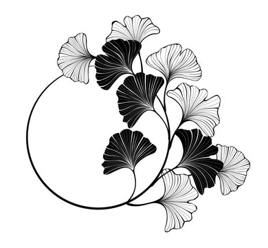 Round banner with silhouette leaves Ginkgo biloba