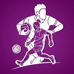 Gaelic Football Male and Female Players Sport Mix Action Cartoon Graphic Vector - obrazy, fototapety, plakaty