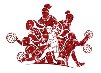 Gaelic Football Female Players Sport Mix Action Cartoon Graphic Vector