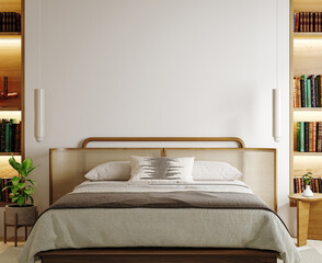 Modern bedroom interior background, wall mockup, 3d render