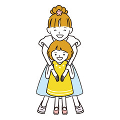 手書き線画カラーイラスト　仲良し姉妹　だきつき