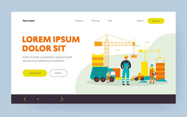 Builders in uniform building skyscrapers. Vehicle, crane, site flat vector illustration. Architecture and construction concept for banner, website design or landing web page