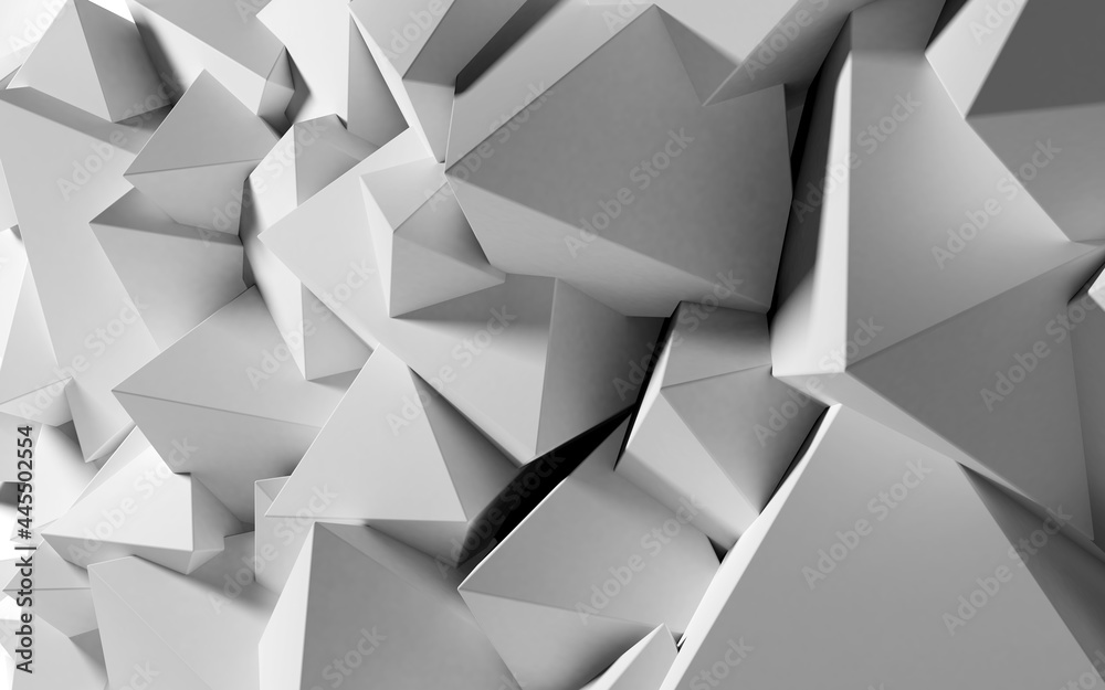 Poster Abstract background with white 3D shapes flying in the light as a messy array or chaotic structure for any pastel backdrop. 3D illustration.