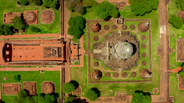 Aerial view of Ayutthaya temple, Wat Ratchaburana, empty during covid, in Phra Nakhon Si Ayutthaya, Historic City in Thailand