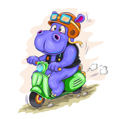 Cartoon hippo motorcyclist.
Colorful illustration of a hippo in a helmet on a motorcycle. Children's bright illustration. Use the product for printing on clothing, accessories, party decorations.