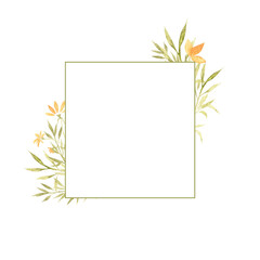 Square floral frame with orange flowers illustrations for cards, postcards, invitations, decor and design. 