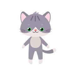 Cute gray kawaii cat stands isolated on white background