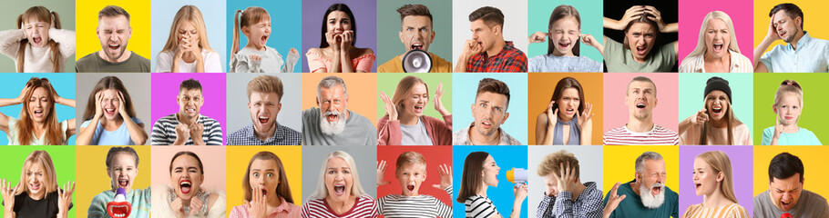 Group of angry people on color background