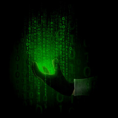 Hand of hacker with binary code on dark background