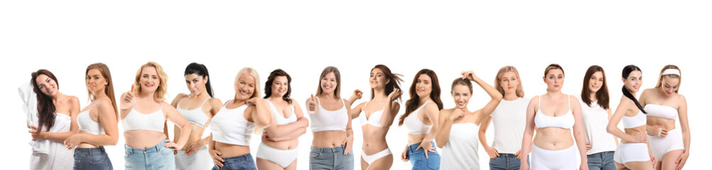 Group of body positive women on white background