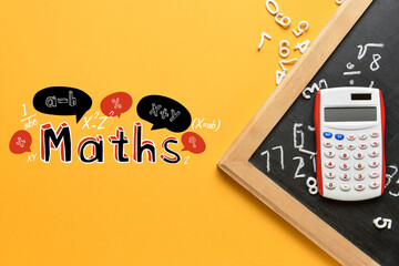 Calculator with chalkboard and figures on color background