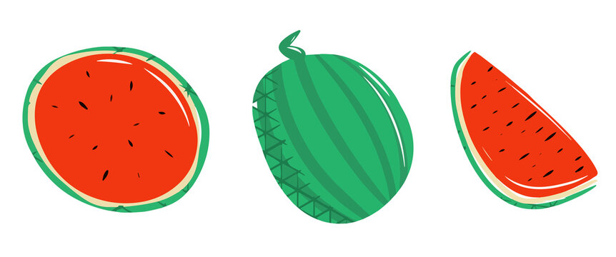 Set of watermelon elements, whole watermelon, half, quarter, watermelon slice, cute illustration, watermelon icon collection, cartoon style, modern and simple style, juicy summer shades, vector set