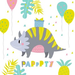 Fototapeta na wymiar Cute dinosaur vector print for kids. Happy Birthday cards with cartoon dinosaur. Cute Dino pastel print for party decor.