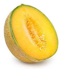 Yellow melon or cantaloupe melon with seeds isolated on white background, US Muskmelon on white background With clipping path.