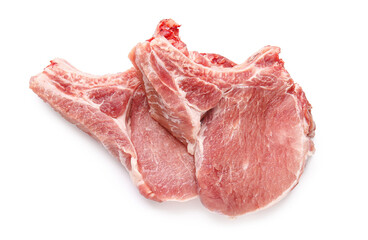 Slices of raw pork ribs on white background