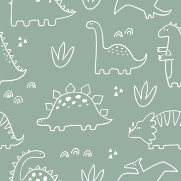 Cute dinosaur vector print for kids. Vector print  with cartoon dinosaur.  Cute Dino pastel print for party decor. Seamless pattern