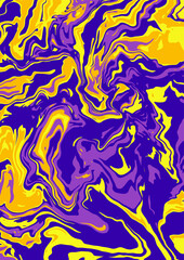 Fluid art texture. Abstract background with swirling paint effect. A4. Liquid acrylic picture that flows and splashes. Mixed paints for interior poster. purple and yellow iridescent colors. A4