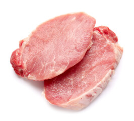 Slices of raw pork meat on white background