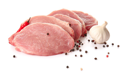 Slices of raw pork meat and spices on white background
