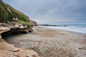 playa junto a rocas cubiertas de vegetacion.